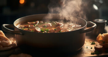 Big pot of soup simmering on a stove