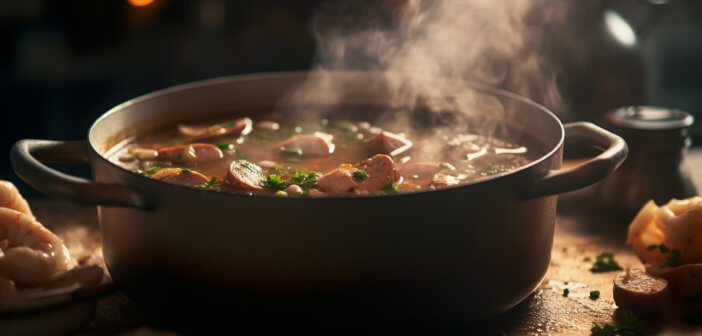 Big pot of soup simmering on a stove