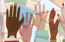 Illustration of hands held high with a background of stained glass