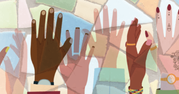 Illustration of hands held high with a background of stained glass