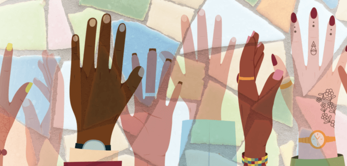 Illustration of hands held high with a background of stained glass