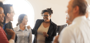 Smiling people in a church meeting