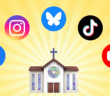 Graphic of social media icons and a church