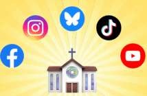 Graphic of social media icons and a church