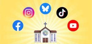 Graphic of social media icons and a church
