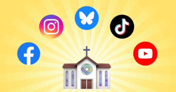 Your Church’s Biggest Entry Point: Why Social Media Matters Graphic of social media icons and a church