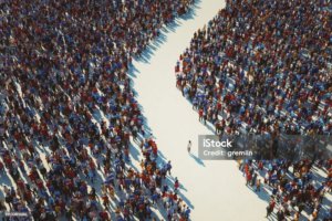 Man walking in crowds of people. 3D generated image.
