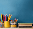 Photo of many colored pencils and books atop a desk