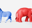 A blue donkey and a red elephant with their backs turned to each other