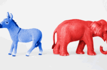 A blue donkey and a red elephant with their backs turned to each other