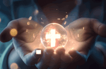 Person holding in their hands a glass orb lit from within by a glowing cross