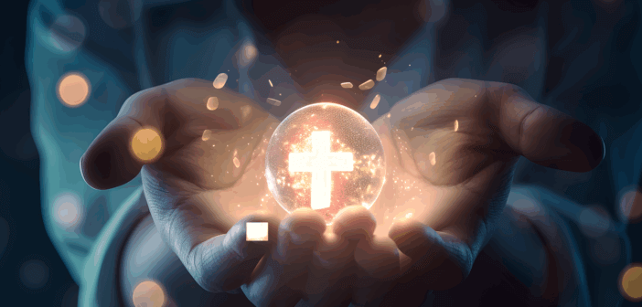 Person holding in their hands a glass orb lit from within by a glowing cross