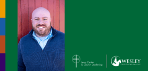 Photo of new Lewis Center Director Jonathan Page and Lewis Center and Wesley Theological Seminary logos
