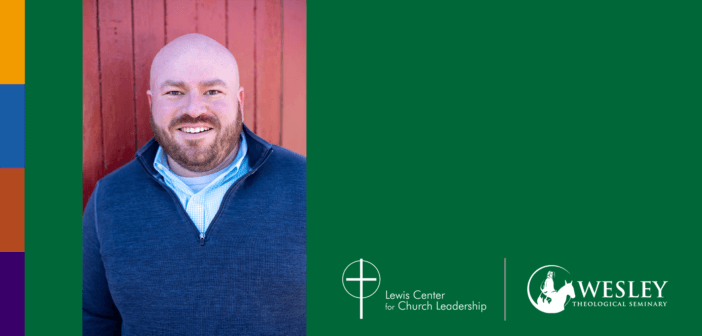 Photo of new Lewis Center Director Jonathan Page and Lewis Center and Wesley Theological Seminary logos