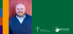Photo of new Lewis Center Director Dr. Jonathan Page plus Lewis Center and Wesley Seminary DC logos