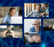 Collage of smiling people looking at their computers and digital devices atop a background of a graphic of interconnected lines and nodes