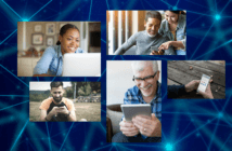 Collage of smiling people looking at their computers and digital devices atop a background of a graphic of interconnected lines and nodes