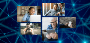 Collage of smiling people looking at their computers and digital devices atop a background of a graphic of interconnected lines and nodes