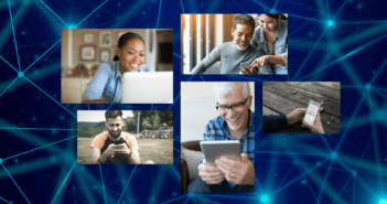 Collage of smiling people looking at their computers and digital devices atop a background of a graphic of interconnected lines and nodes