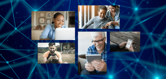Collage of smiling people looking at their computers and digital devices atop a background of a graphic of interconnected lines and nodes