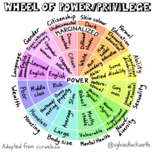 Graphic of the Wheel of Power/Privilege by Sylvia Duckworth (Duckworth, 2020) from https://ecampusontario.pressbooks.pub/universaldesign/chapter/positionality-intersectionality/
