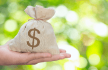 A person's outstretched arm holding a large money bag in their open hand