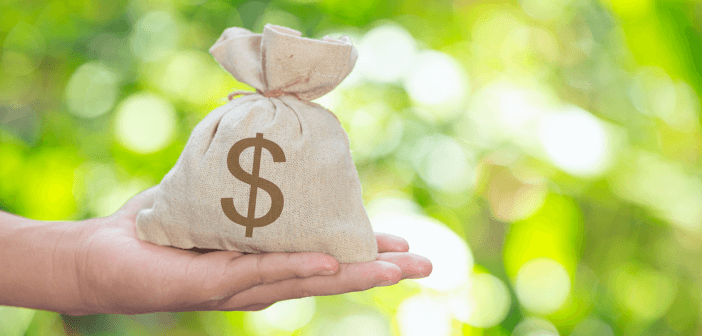 A person's outstretched arm holding a large money bag in their open hand