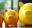 Three ceramic piggy banks getting progressively larger from left to right