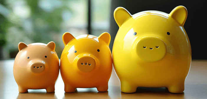 Three ceramic piggy banks getting progressively larger from left to right