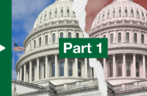 Graphic of the Capitol dome being torn in two, but a blue sky on one side and a red sky on the other. Large texts says Part 1.