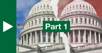 Graphic of the Capitol dome being torn in two, but a blue sky on one side and a red sky on the other. Large texts says Part 1.