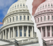 Graphic of the Capitol dome being torn in two, but a blue sky on one side and a red sky on the other