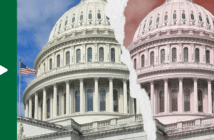 Graphic of the Capitol dome being torn in two, but a blue sky on one side and a red sky on the other