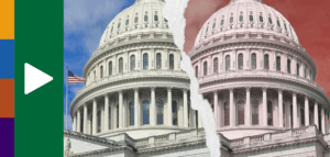 Graphic of the Capitol dome being torn in two, but a blue sky on one side and a red sky on the other