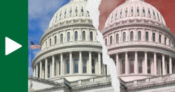 Graphic of the Capitol dome being torn in two, but a blue sky on one side and a red sky on the other