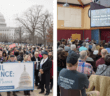 Left: photo of the Faithful Resistance March in Washington, DC, on February 25, 2026, showing a large crowd outdoors with the U.S. Capitol dome in the background (Photo courtesy NEJ Communicators on an Eastern Pennsylvania Conference of the United Methodist Church at https://www.epaumc.org/news/united-methodists-from-across-the-connection-join-together-in-a-faithful-resistance/. Right: Photo from the Fresh Expressions UM National Gathering in Ocala, Florida, on February 26, 2026, showing a large group of people worshipping together in inside a large space in a church.