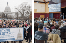 Left: photo of the Faithful Resistance March in Washington, DC, on February 25, 2026, showing a large crowd outdoors with the U.S. Capitol dome in the background (Photo courtesy NEJ Communicators on an Eastern Pennsylvania Conference of the United Methodist Church at https://www.epaumc.org/news/united-methodists-from-across-the-connection-join-together-in-a-faithful-resistance/. Right: Photo from the Fresh Expressions UM National Gathering in Ocala, Florida, on February 26, 2026, showing a large group of people worshipping together in inside a large space in a church.