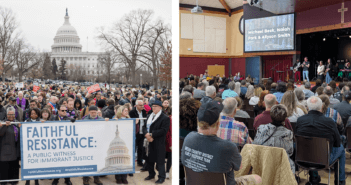Left: photo of the Faithful Resistance March in Washington, DC, on February 25, 2026, showing a large crowd outdoors with the U.S. Capitol dome in the background (Photo courtesy NEJ Communicators on an Eastern Pennsylvania Conference of the United Methodist Church at https://www.epaumc.org/news/united-methodists-from-across-the-connection-join-together-in-a-faithful-resistance/. Right: Photo from the Fresh Expressions UM National Gathering in Ocala, Florida, on February 26, 2026, showing a large group of people worshipping together in inside a large space in a church.