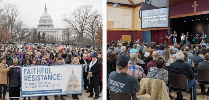 Left: photo of the Faithful Resistance March in Washington, DC, on February 25, 2026, showing a large crowd outdoors with the U.S. Capitol dome in the background (Photo courtesy NEJ Communicators on an Eastern Pennsylvania Conference of the United Methodist Church at https://www.epaumc.org/news/united-methodists-from-across-the-connection-join-together-in-a-faithful-resistance/. Right: Photo from the Fresh Expressions UM National Gathering in Ocala, Florida, on February 26, 2026, showing a large group of people worshipping together in inside a large space in a church.
