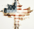 Christian cross in front of a tattered American flag