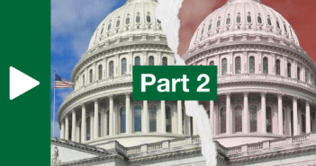 Graphic of the Capitol dome being torn in two, but a blue sky on one side and a red sky on the other. Large texts says Part 2.