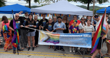 About 60 United Methodists from three churches participated in the Chattanooga Pride parade on Oct. 5, 2025. Photo by Paul Hamby from the Holston Conference of the United Methodist Church at https://www.holston.org/article/at-pride-festivals-church-members-see-opportunity-to-express-love-repair-harm-19406621