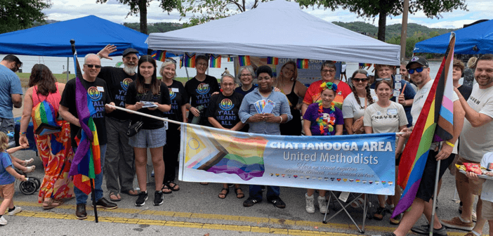 About 60 United Methodists from three churches participated in the Chattanooga Pride parade on Oct. 5, 2025. Photo by Paul Hamby from the Holston Conference of the United Methodist Church at https://www.holston.org/article/at-pride-festivals-church-members-see-opportunity-to-express-love-repair-harm-19406621