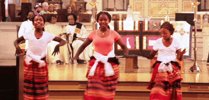 Ugandan praise dancers from St. Mark’s Church, Van Nuys, perform at the 2022 Juneteenth Evensong at St. John’s Cathedral. Photo: Janet Kawamoto