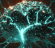 Digitized illustration of a glowing blue brain and a connected computer neural network