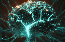 Digitized illustration of a glowing blue brain and a connected computer neural network