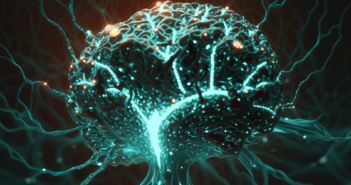 Digitized illustration of a glowing blue brain and a connected computer neural network