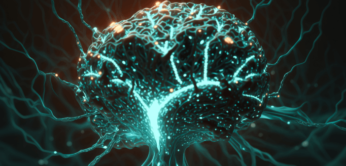 Digitized illustration of a glowing blue brain and a connected computer neural network