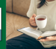 Person holding a cup of tea while reading a book and the book cover of "Sustainable Ministry"