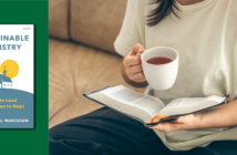 Person holding a cup of tea while reading a book and the book cover of "Sustainable Ministry"